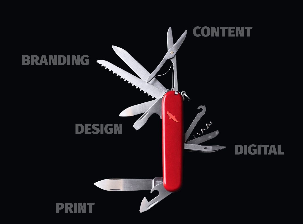 A Swiss Army knife carrying the Aspiration bird, its open tools labelled branding, design, content, digital and print