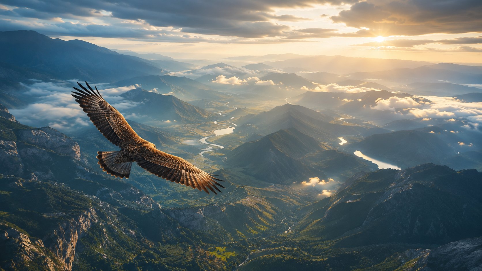 Hawk soaring over a landscape